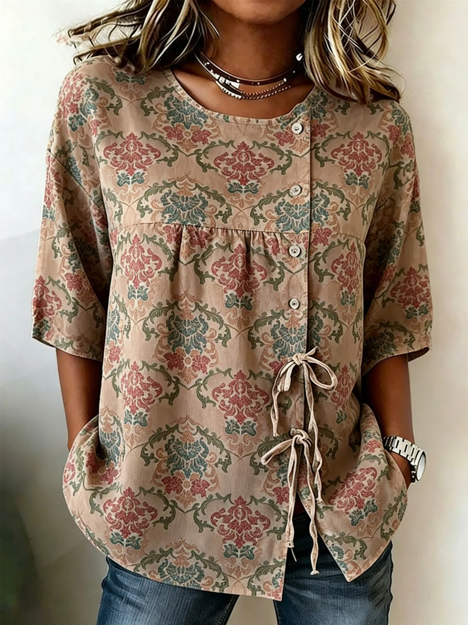 

Women's Vintage Damask Floral Print Drawstring Button Up Blouse, Casual Round Neck Tops for Spring Summer Daily Vacation Wear