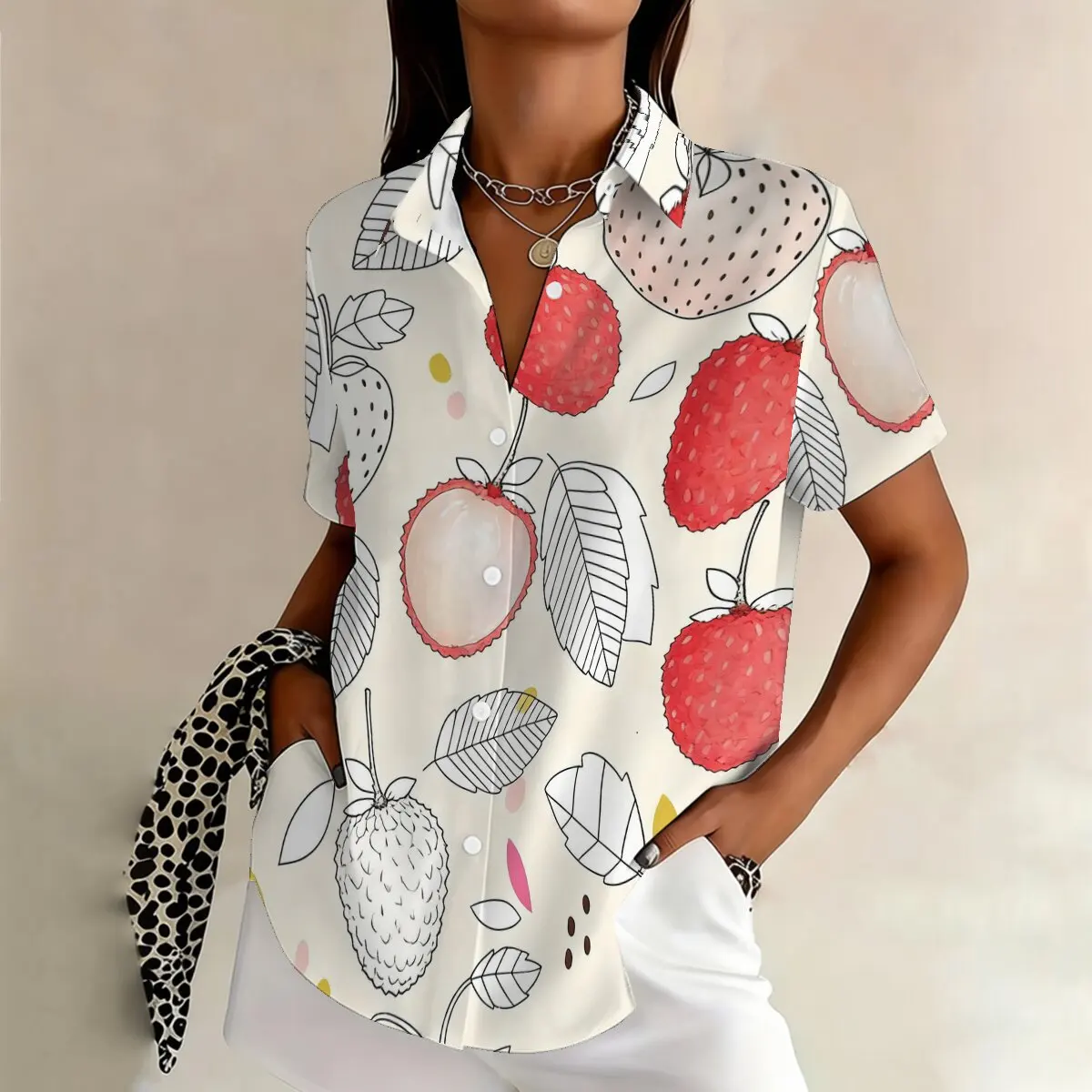 

Модная женская рубашка больших размеров с коротким рукавом для лета, с ручной росписью в виде личи, веселая и омолаживающая, идеально подходит для пикников.