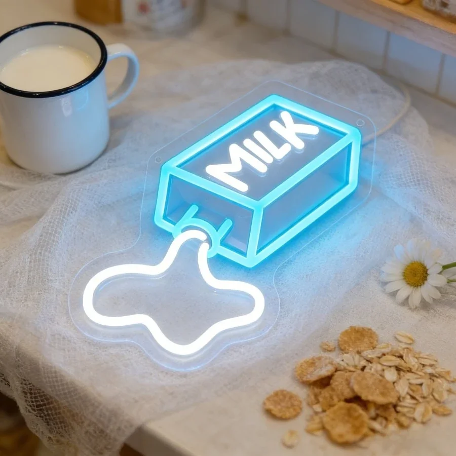 Milk Box LED Neon Sign Dimmable Wall Light for Kitchen Dining Room Cafe Kids Room Nursery Breakfast Store Cake Shop Home Decor