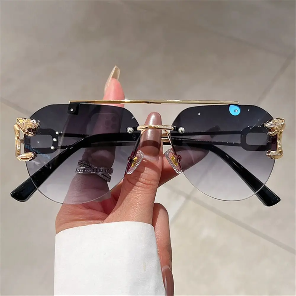 Vintage Cheetah Decor Rimless Sunglasses Men Women Trendy Gradient Shades New Double Bridge Sun Glasses UV400 Fashion Eyewear