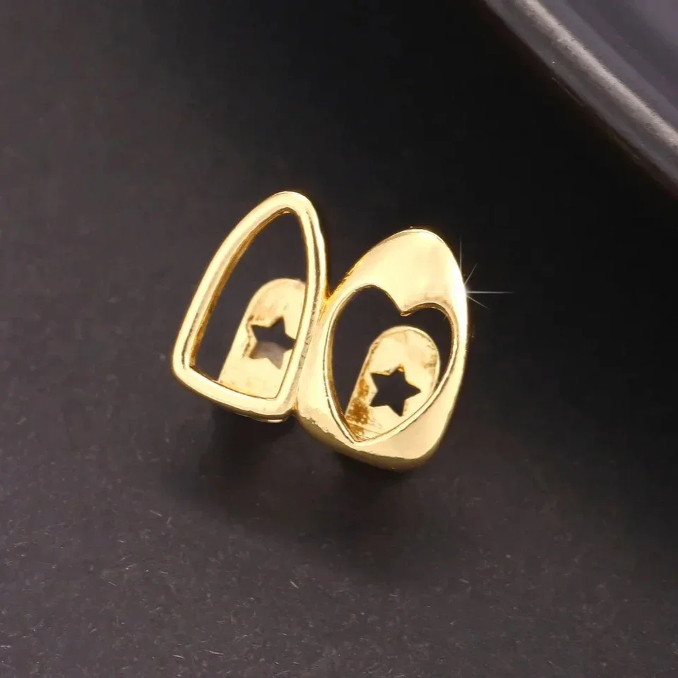 2pcs Set Hip-hop Gold Color Hollowed Hearts Zircon Inlay Stainless Steel Dental Grills for Women Men Teeth Jewelry Accessories