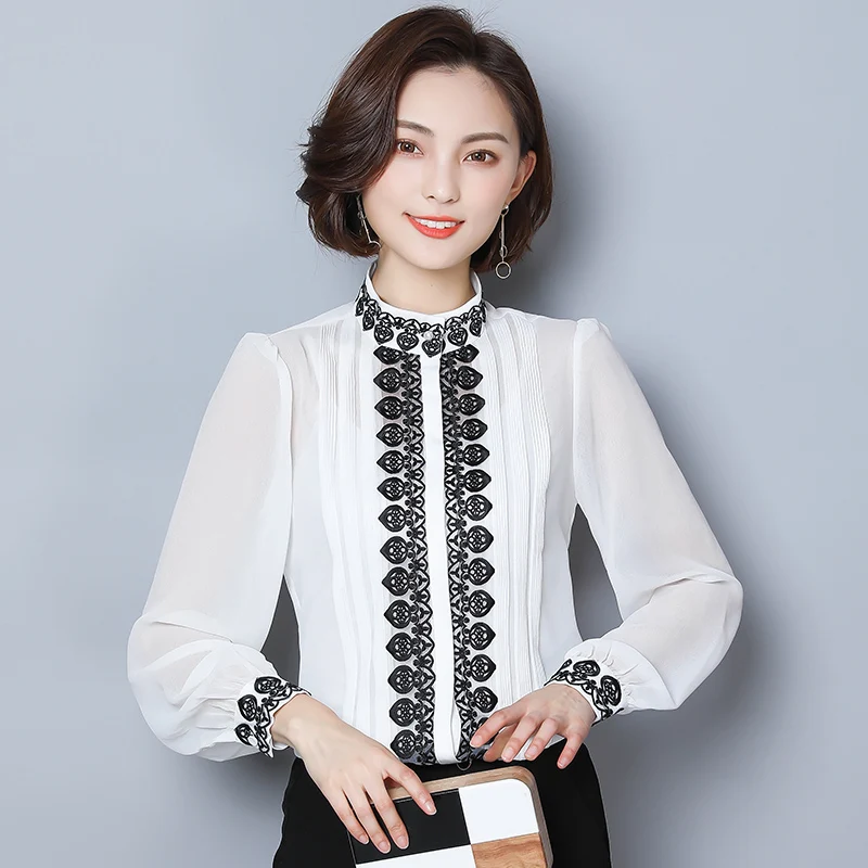 Vintage Single-breasted Chiffon blouse Autumn Spring New Elegant Embroidered Tops Stand Collar Lantern Sleeve Women Shirt