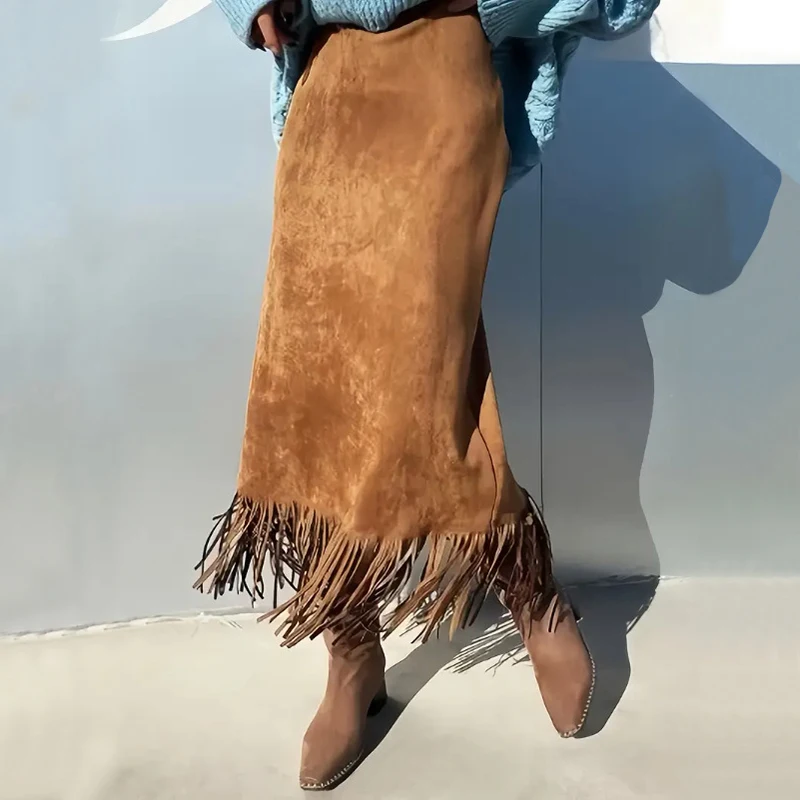 

OMSJ Fashion Ladies Leisure Style Solid Color High Waisted Suede Vintage Tassel Midi Chic Skirts Elegant Streetwear Bottoms 2025