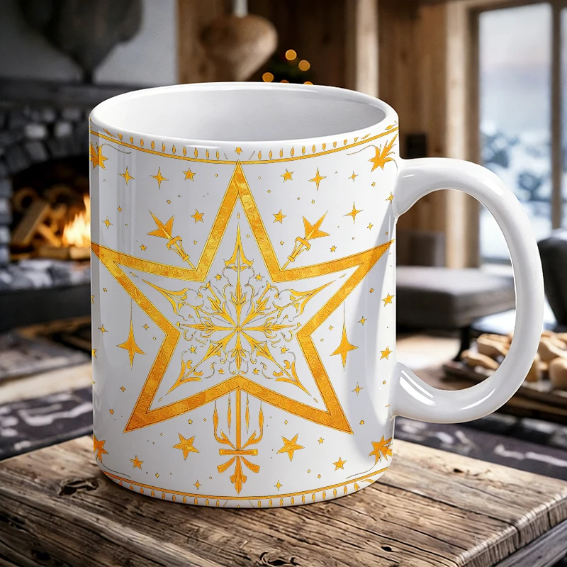 

Vintage Ornate Gold Star Ceramic Mug Celestial Luxury Coffee Cup, Milk Cup, Office Tea Cup, Gift for Friends, Fade-Resistant