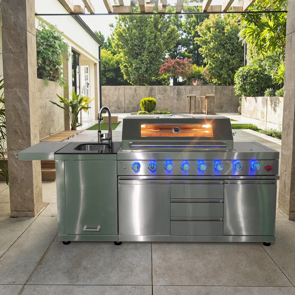 Modern 6+1 Modular Integrated Outdoor Patio BBQ Station Sink Storage Platform for Outdoor Kitchen & Garden