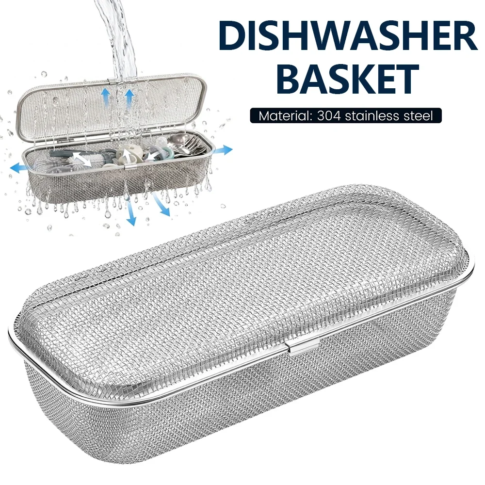 Dishwasher Basket 304 Stainless Steel Dishwasher Utensil Basket with Locking Lid Kitchen Fine Mesh Dishwasher Small Item Basket