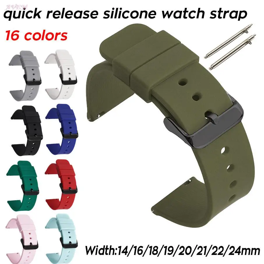 Soft Quick Release Silicone Watch Band 14 16 18 19 20mm 21 22mm 24mm Smart Watch Strap Waterproof Rubber Wrist Bracelet Black BK