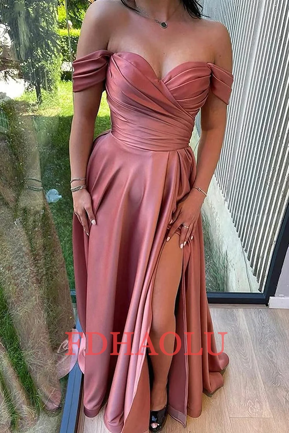 Customized Off The Shoulder Satin Sweetheart Neck Prom Dresses A Line Side Split Evening Party Dress for Women AE0820