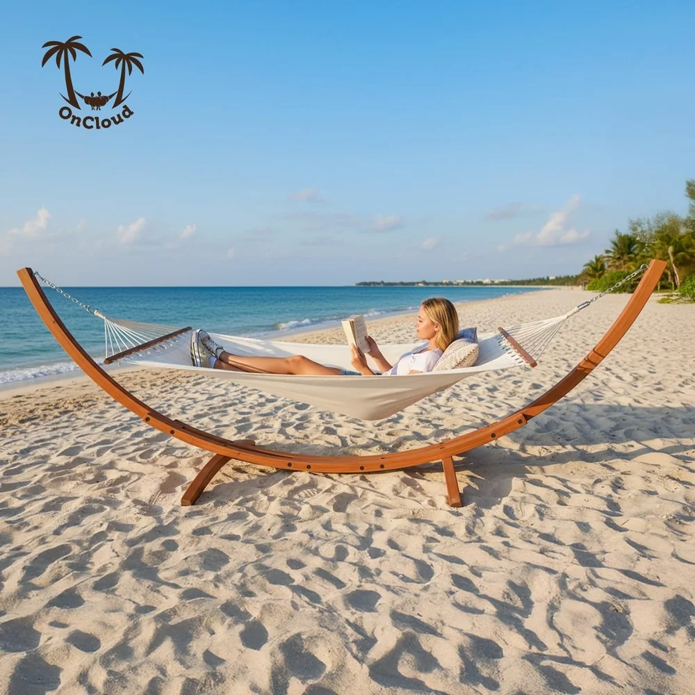Double Hammock Wood Arc Stand Wooden Hammock W/Stand Classic Natural Hammock Set for Yard Garden (14 ft Set)