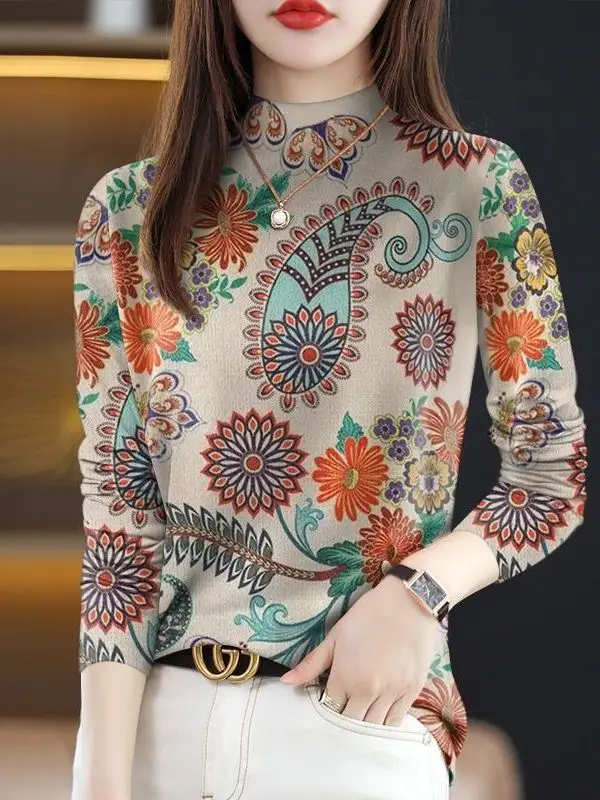 Fashionable Long Sleeve Printed T-Shirt Women's Casual Style High Neck Top Trendy Spring 2026 Garment from China for Ladies
