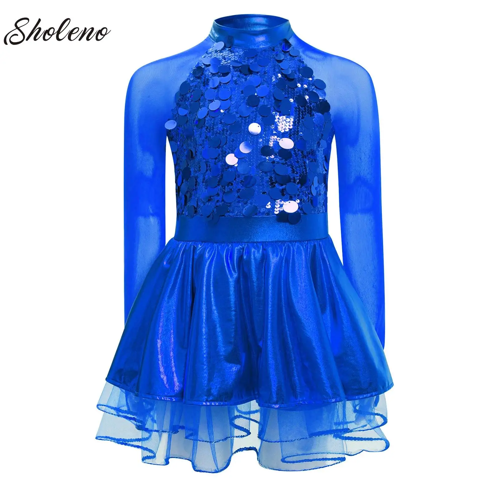 

Girls Shiny Sequin Figure Skating Tutu Dress Contemporary Lyrical Dance Dress Sheer Mesh Gymnastics Jersey Jazz Dance Costume