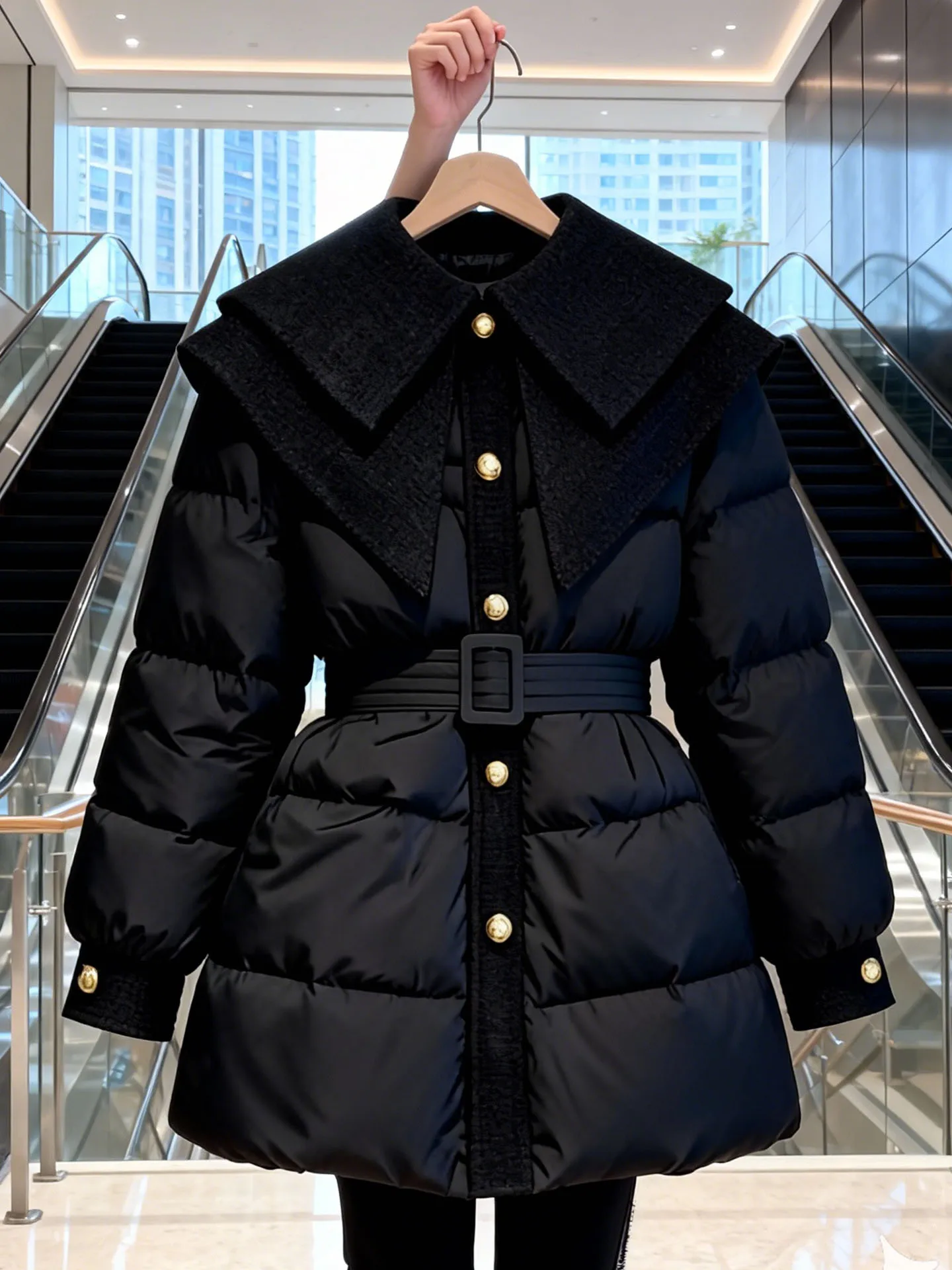 Bla awl Kragen Taille-Cinching Damen Daunenjaet Luxus SLE Thi Oberbekleidung für den Winter Ele Attraktiv 2025, Neu