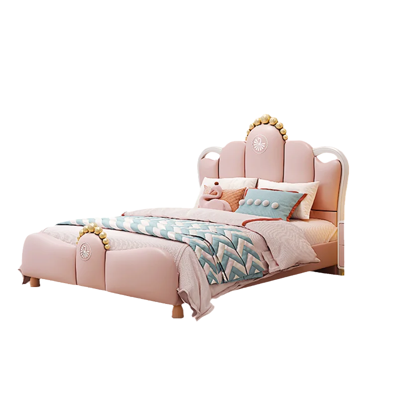 Modern Cute Pink Crown Leather Children's Bedroom Furniture Upholstered Single Upholstered Children's Bed