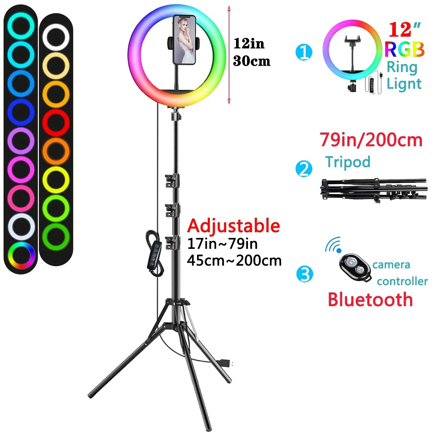 12 Zoll 30cm Selfie-Ringlicht RGB Stativ Handyhalterung Fotografie-Ringlicht Kreisförmiges Füllicht LED-Farblampe Trepied Make-up