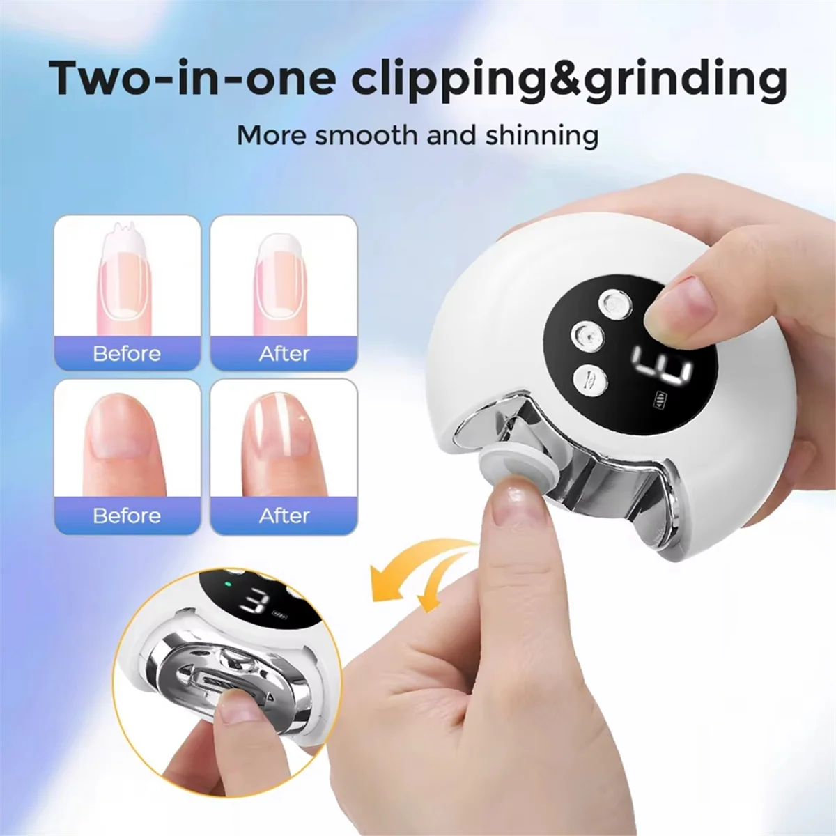 A71P Electric Nail Clippers 360° Rotating Automatic Trimmer Adult Baby Toe Scissors Pedicure Finger Nail Manicure White