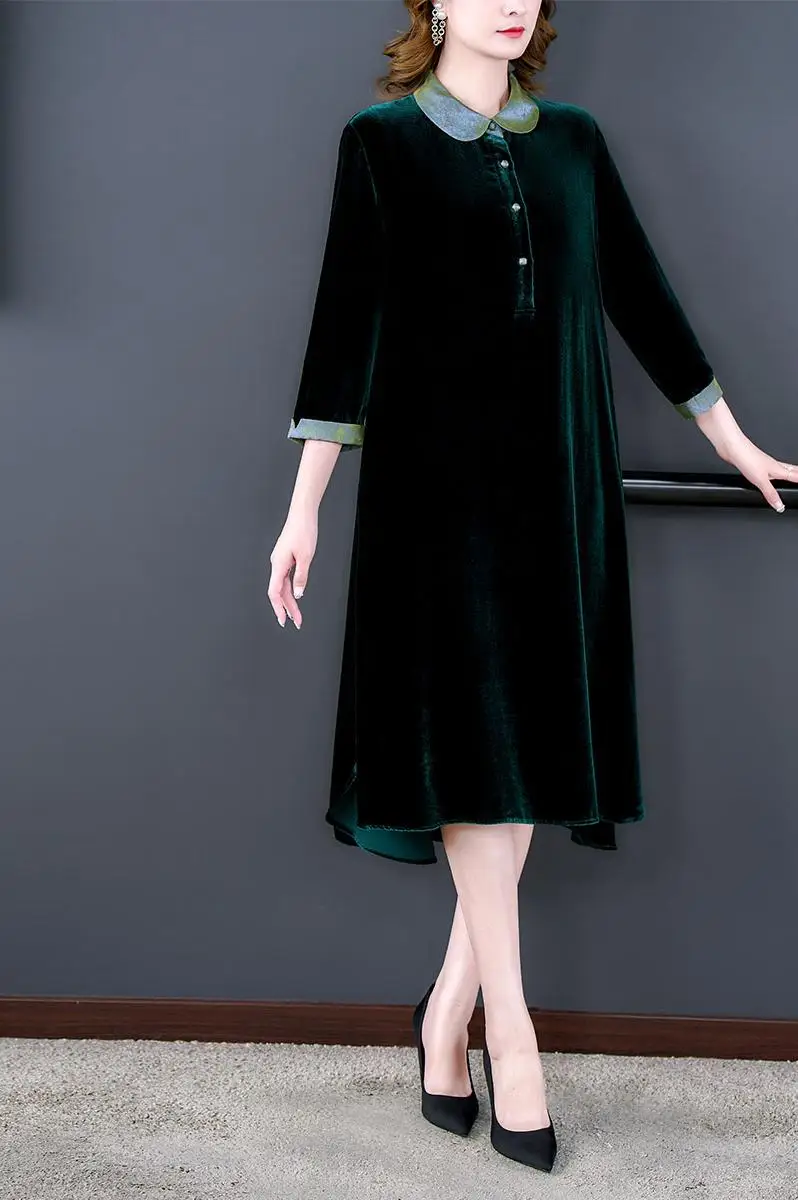 ZUOMAN Doll collar Half Sleeve Dress Women 2024 Autumn Velvet Dress Slimming Versatile Dress Design Sense Elegant Long Vestidos