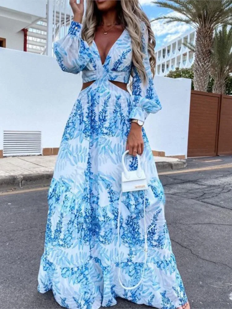 

Dresses For Women 2024 Autumn Sexy V-Neck Backless Print Hollow Out Lantern Sleeve Long Dress Female Club Party Maxi Vestidos