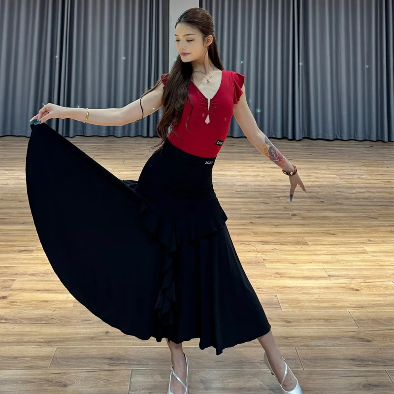 여성 볼룸 댄스 경연 대회 의상 성인 러플 라틴 탑 모던 댄스 스커트 여성 라틴 댄스 의상 SL12704