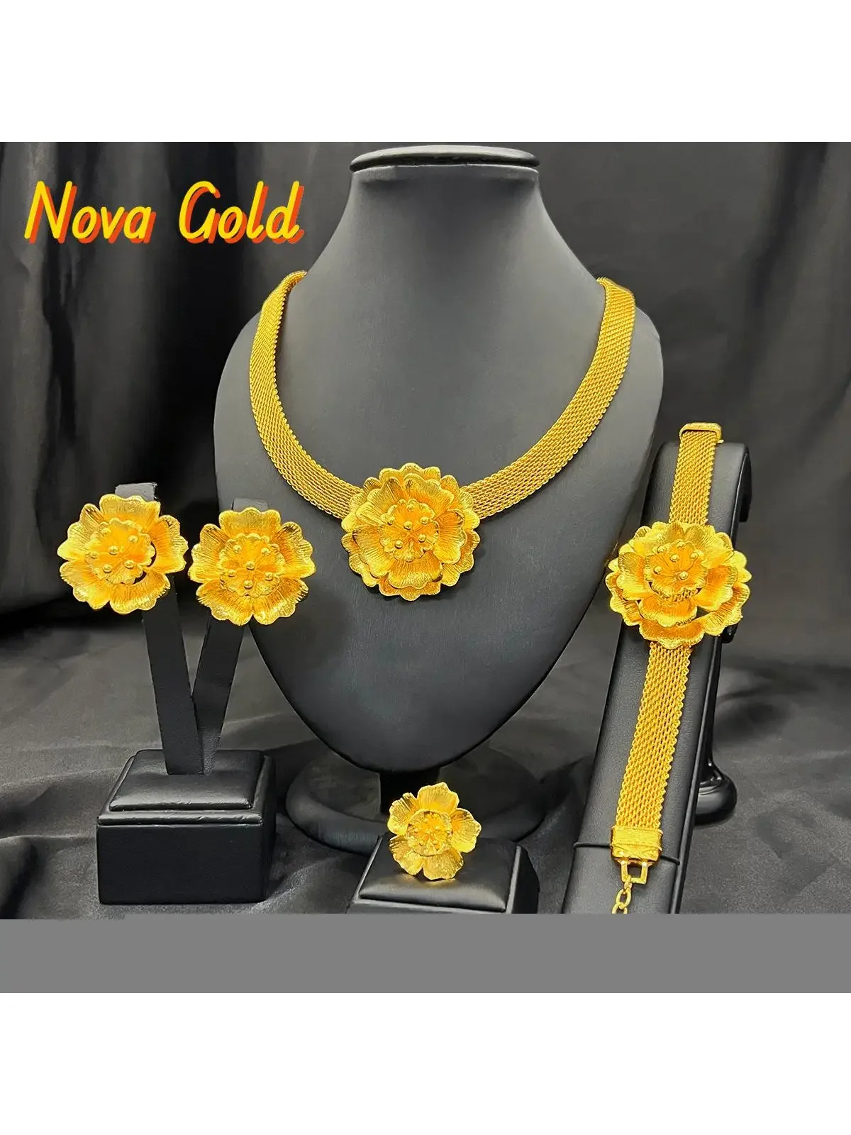 NovaGlod Dames 24K Goud AU999 Bloem Kwastje Ketting Oorbellen Ring Armband Bruid 4-delige set - Puur gouden cadeau, veelbelovend ontwerp - afbeelding 2