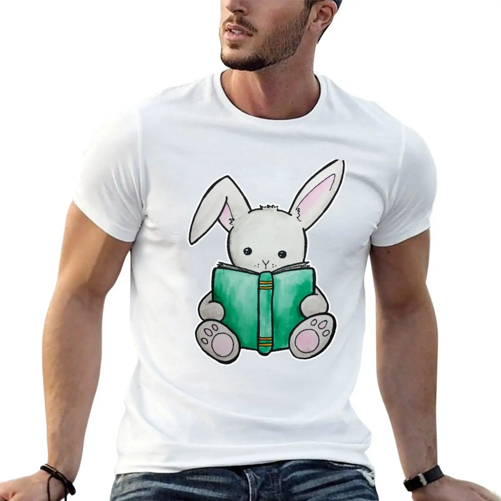 

Bunny with Book Watercolor T-Shirt black cotton t-shirt plain for man package anime t shirts for man T-Shirt