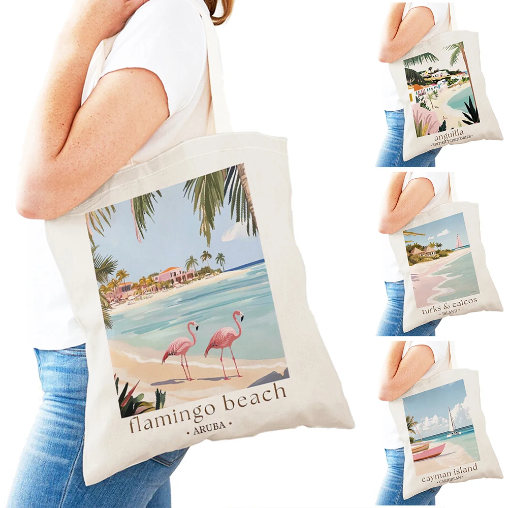

Island Caribbean Lady Reusable Foldable Shopping Bags Girl Shoulder Tote Handbag Double Print Flamingo Beach Women Shopper Bag