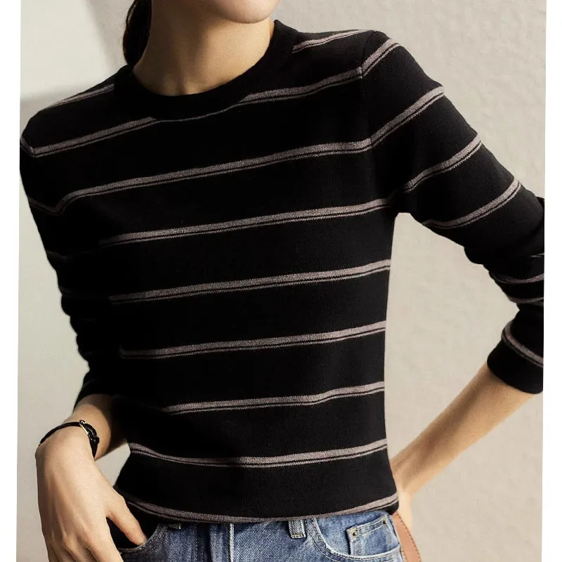 New Autumn and Winter Fashion Retro Contrast Stripe Round Neck Versatile Slim and Simple Women\'s Knitted Long Sleeve Sweater