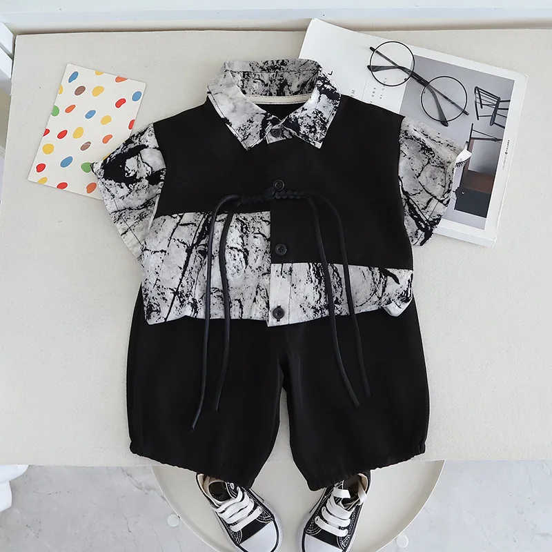 New Summer Suits for Baby Full Printed Kids Short Sleeve Lapel Button Down Shirts +shorts Toddler Boy Fashion Chinese Style Sets