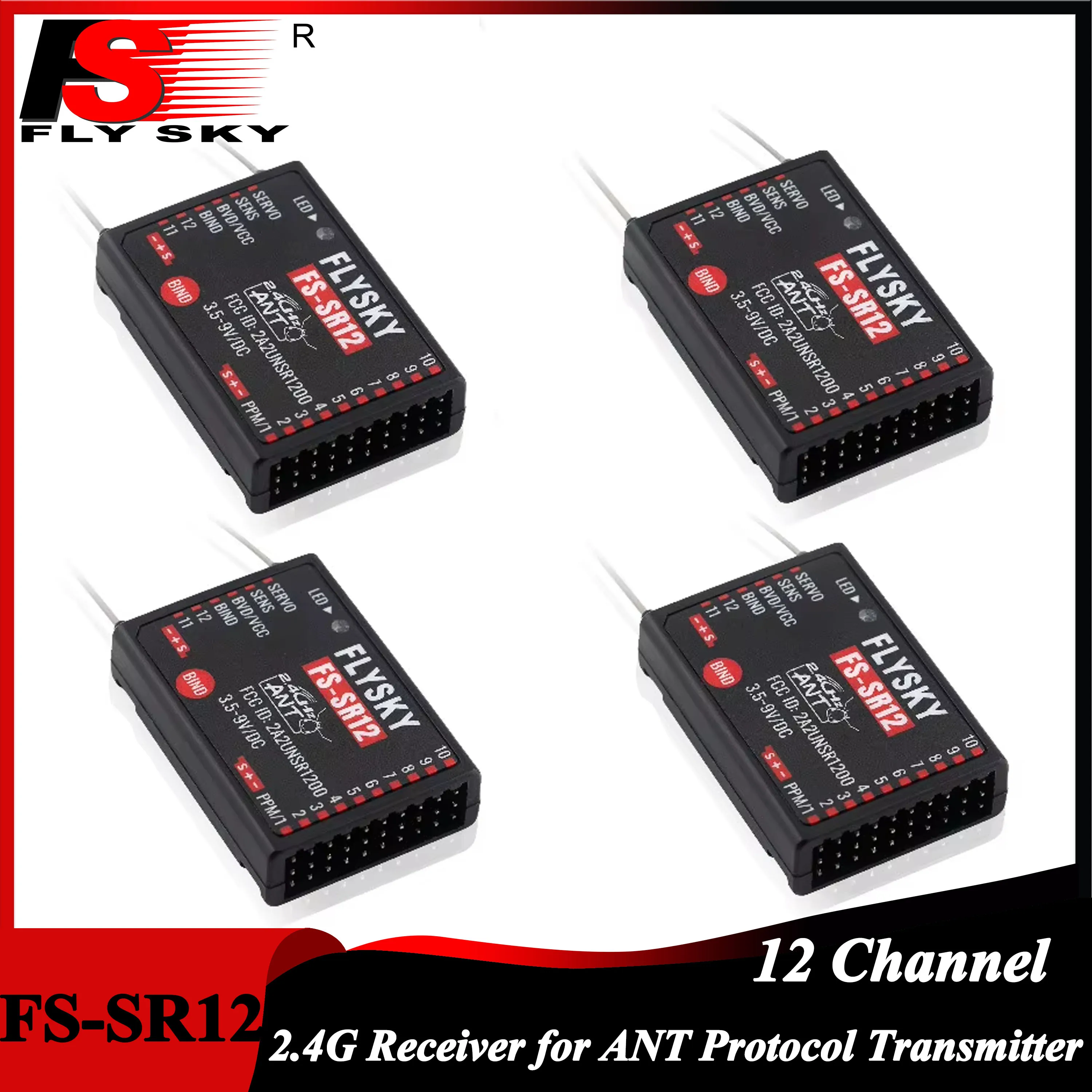 

1/2/4PCS FLYSKY FS-SR12 12CH 2.4G Receiver Dual Antenna for RC Car Fixed-wing Boat Robot ANT Protocol Transmitter 12 Channel