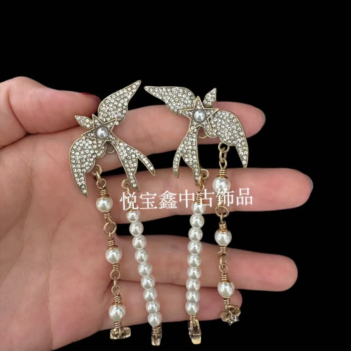 vintage  pearls distressed bird necklace ear stud long dress sweater chain for women versatile style
