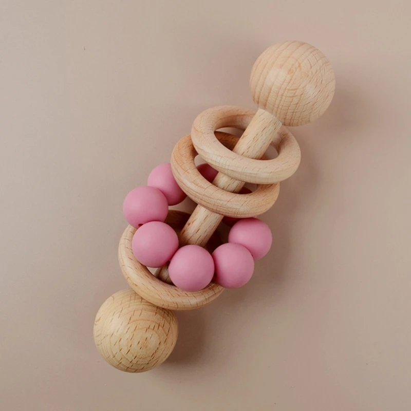 Safe Beech Wooden Baby Rattle Hand Bells Toys BPA Free Silicone Beads Newborn Chewing Shaking Mobile Rattle Baby Sensory Toy