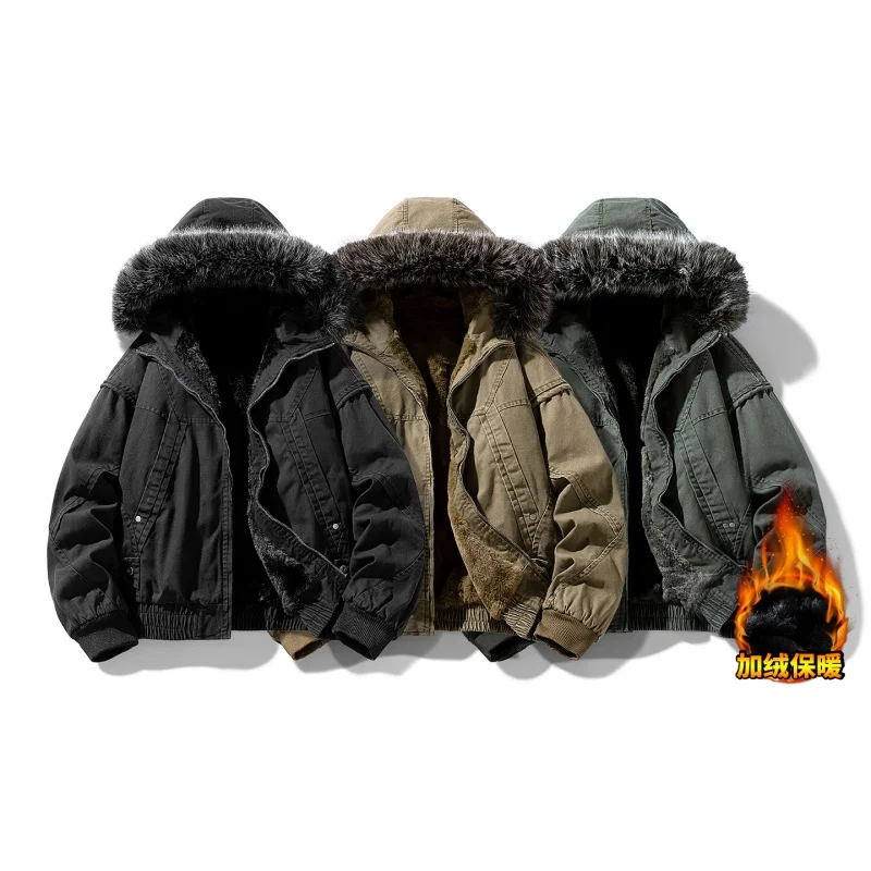 سترات رجالية شتوية جديدة مخملية سميكة بأكمام طويلة وسحاب وياقة من الفرو الرجعية سترات قطنية بقلنسوة ملابس قطنية راقية