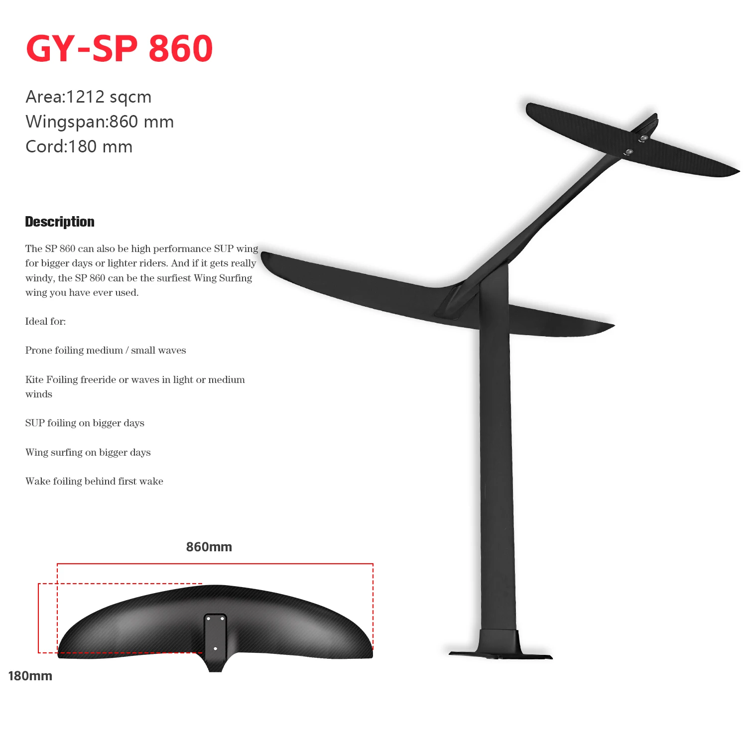 New  Foils GY-SP860 Hydrofoil Kit 1212 sq cm Carbon Fibre Front Wing for Hydrofoil Surfboards SUP and Kitesurfing