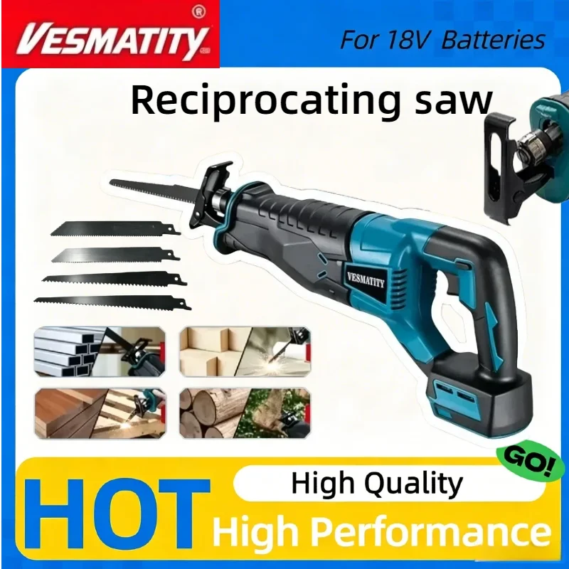 Cordless brushless reciprocating saw with 4 blades kit for wood metal pipe cutting portable tool for Makita 18V battery