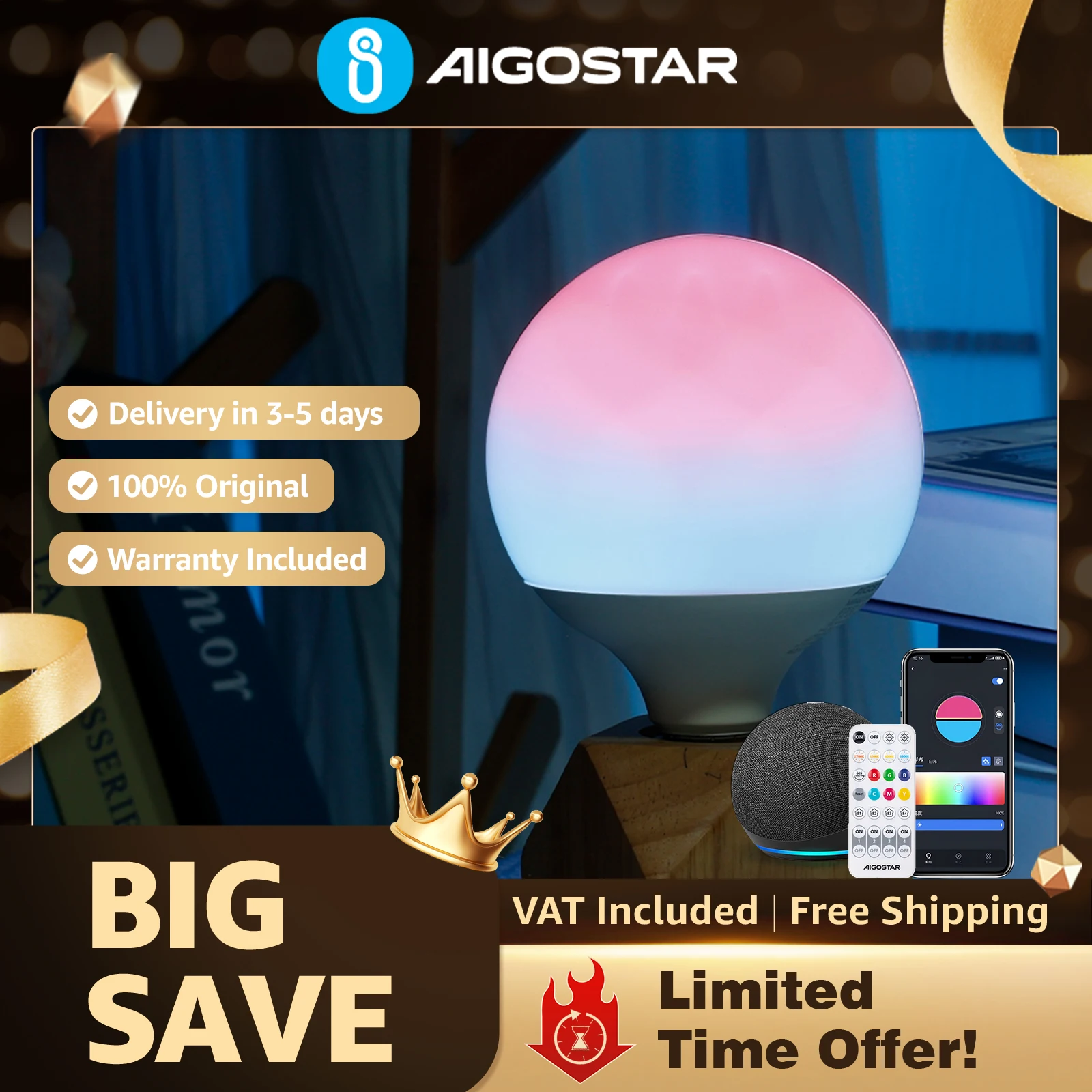 Aigostar Bombilla LED Smart RGB Gradiente E27 | G120 Bluetooth Mesh con Degradado | Alexa/Google Home