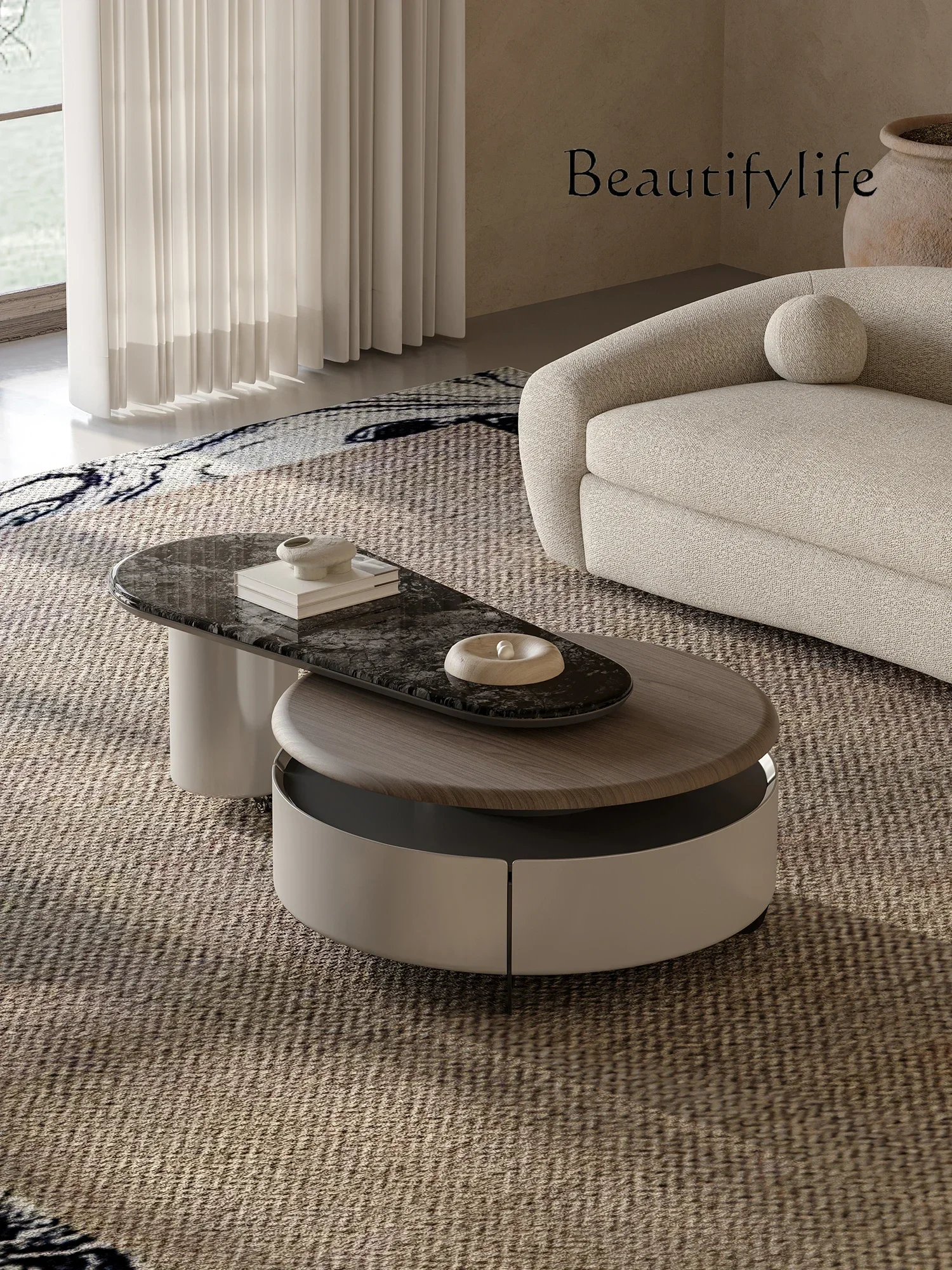 N19 Italian minimalist coffee table walnut color living room home designer rotating marble round coffee table
