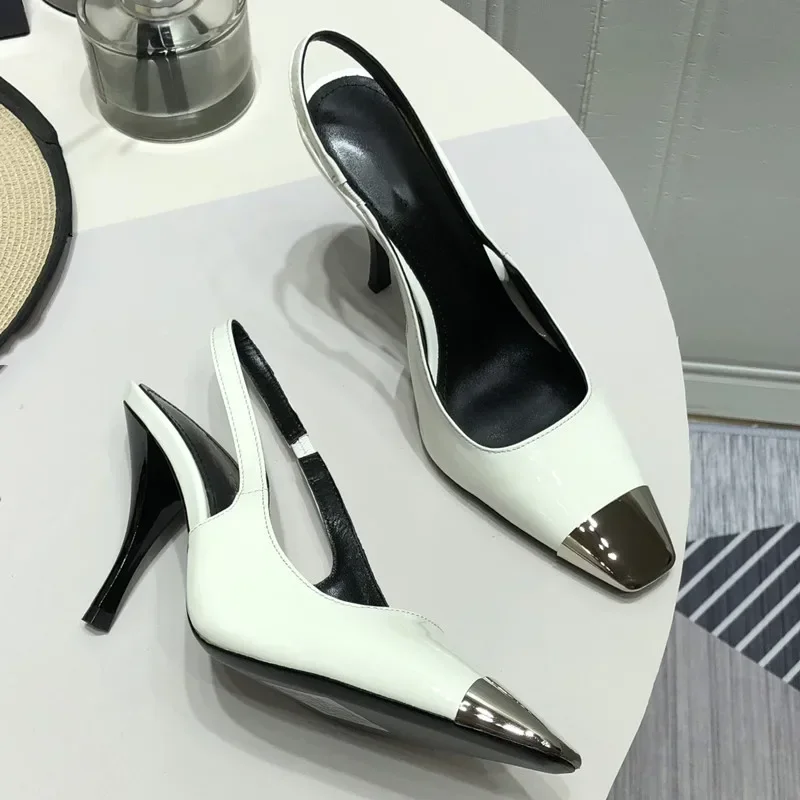 

2024 Spring/Summer New High Heel Metal Square Head Fashion Banquet Hollow out Thin Heel Baotou Shallow Mouth Women's Sandals