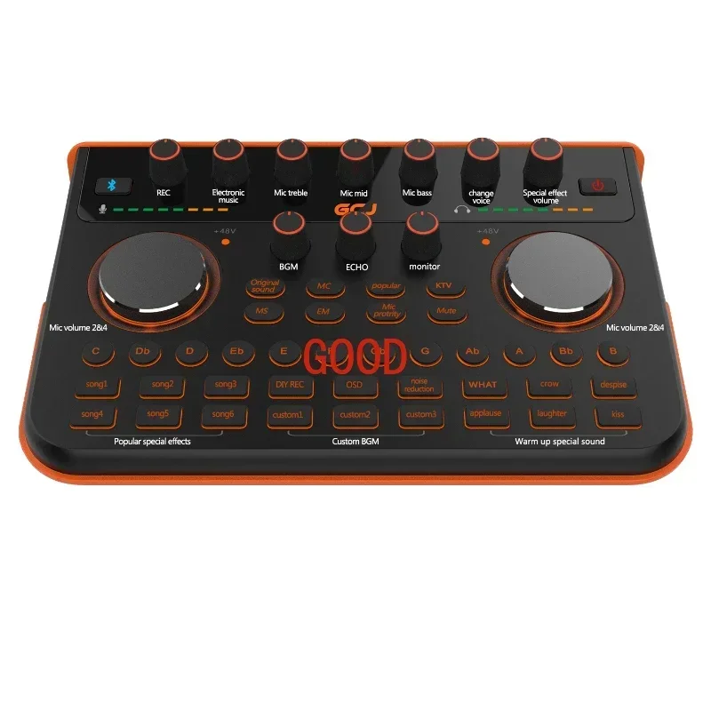 

mini audio interface with DJ mixer Sound Effiece Live Sound Card, black with 48V Power OTG Plug with 3.5mm microphone