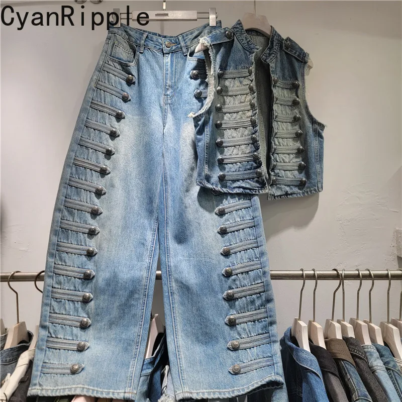 Spring Summer Women Denim Sets Vintage Court Style Button Decoration Sleeveless Vest Coat High Waist Casual Straight Jeans