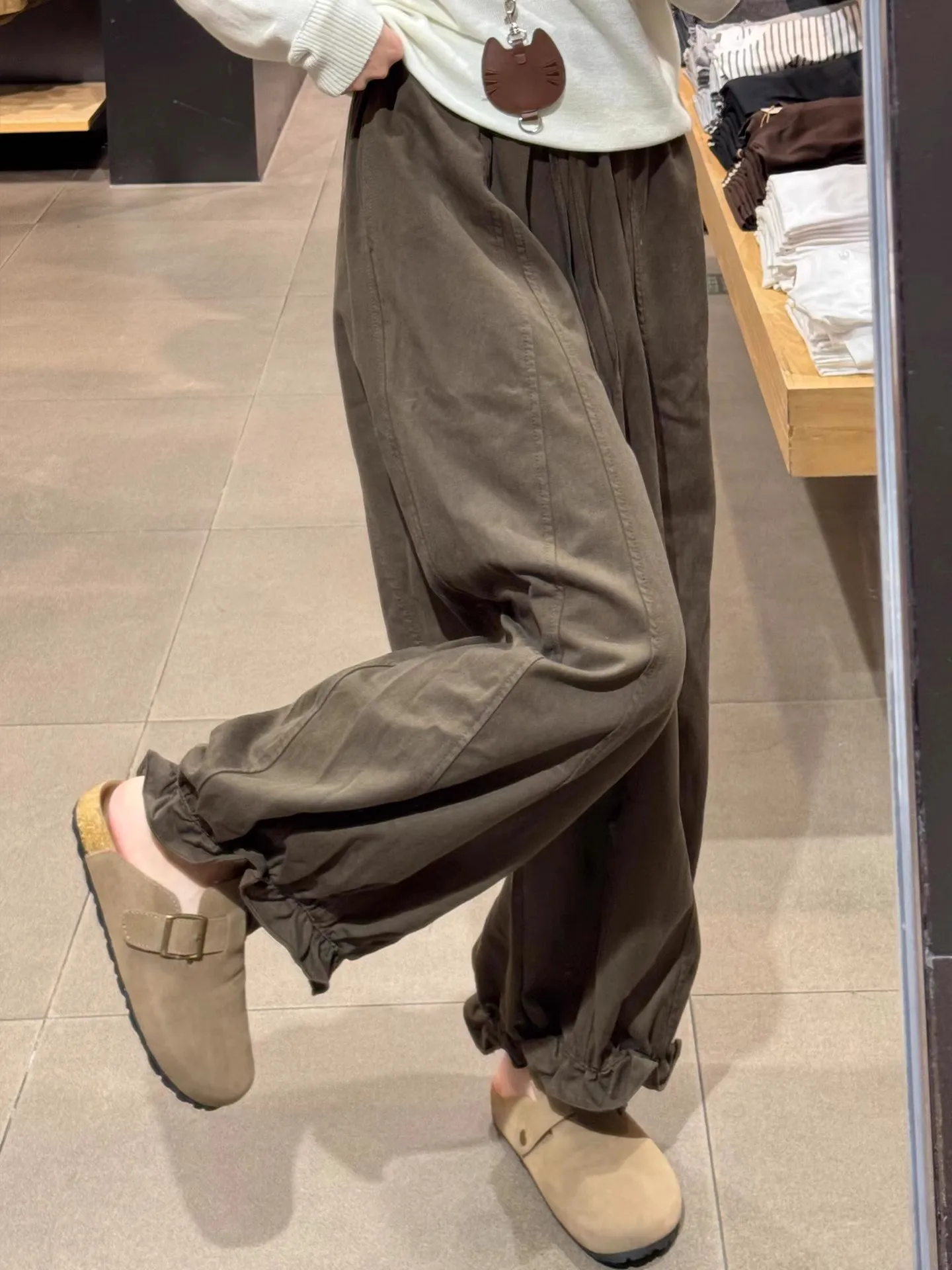 بنطال ذو قصة أرجل واسعة شريط مرن للمرأة الخريف ذات الطابقين منتظم صالح الجرونج المرقعة سروال قصير فحص محبوك سيدة النطاقات