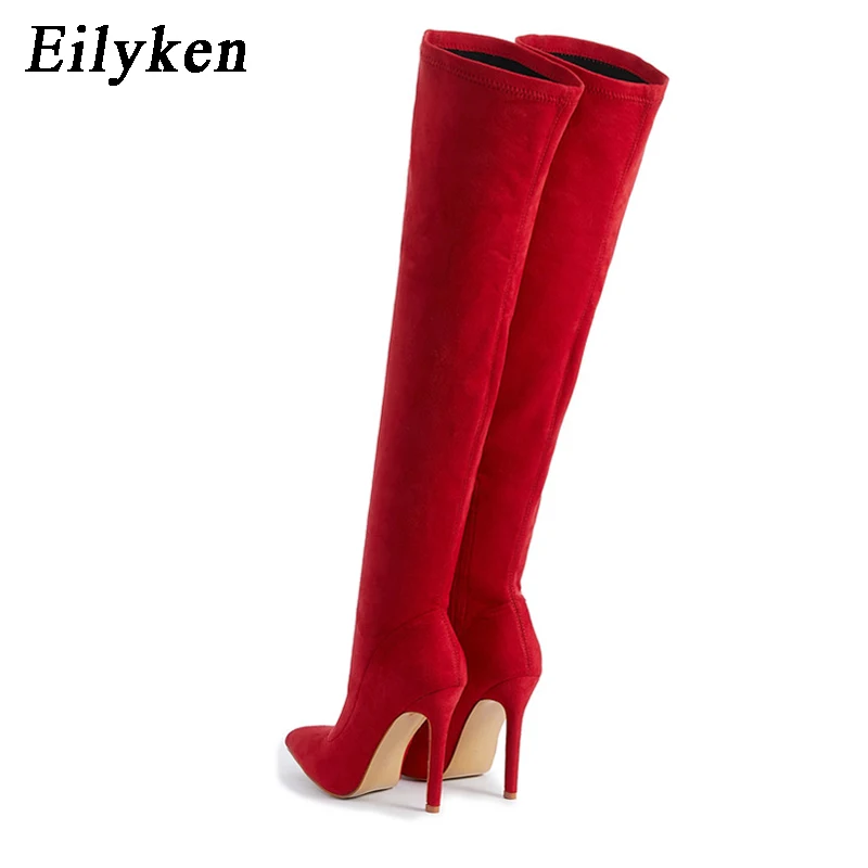 Eilyken Sexy Fashion Pointed Toe Over-The-Knee Boots Women Red Zipper High Heels Shoes Winter Striptease Motorcycle Long Botas