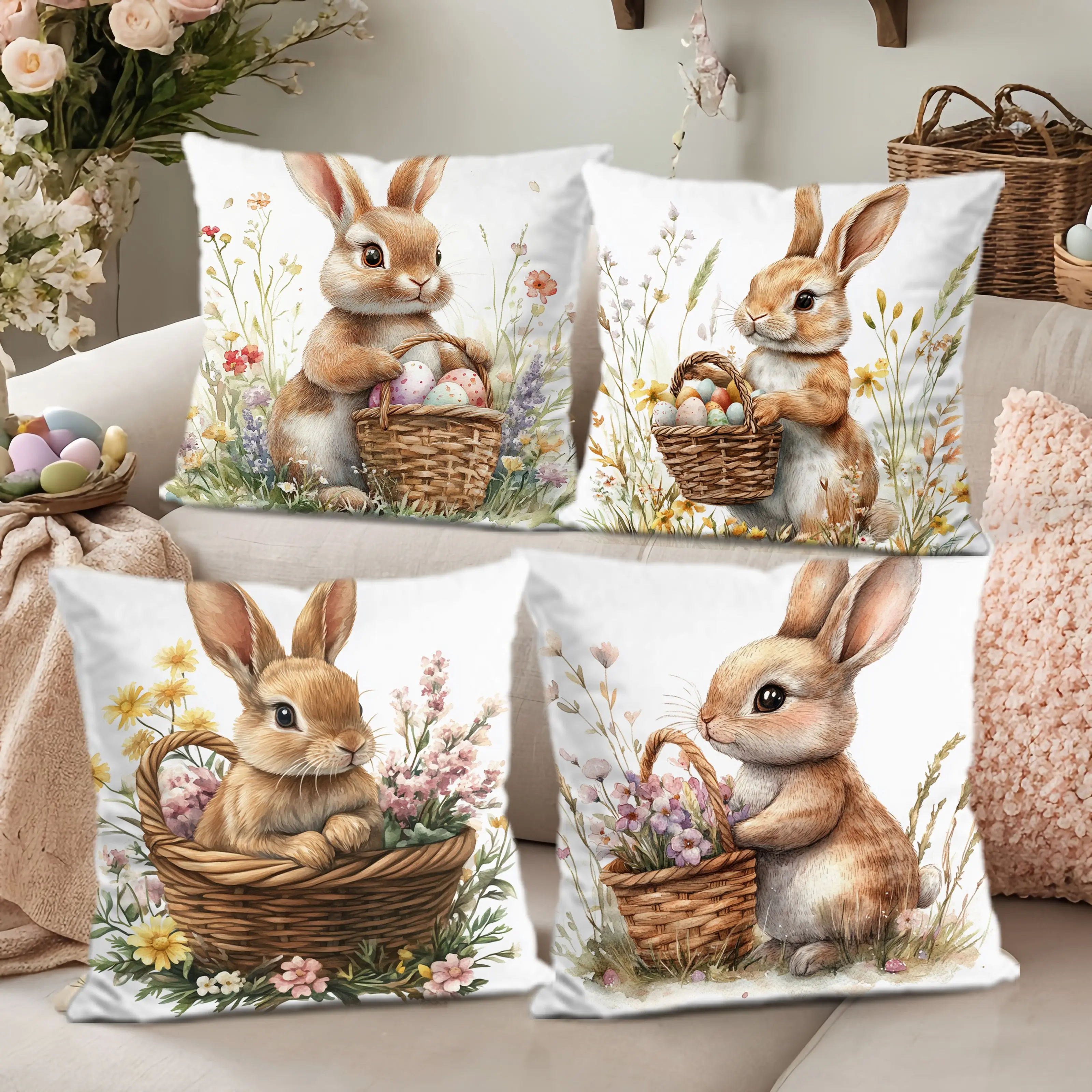 Pastel Easter Bunny Pillow Cover, Cute Rabbit Basket Print Cushion Case, Holiday Home Decor for Party & Gift
