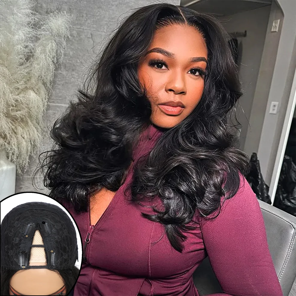 Perruque Smilegirl V Part Body Wave Lace Front Cheveux Humains Forme U Noir Naturel Sans Colle Densité 220 pour Femmes