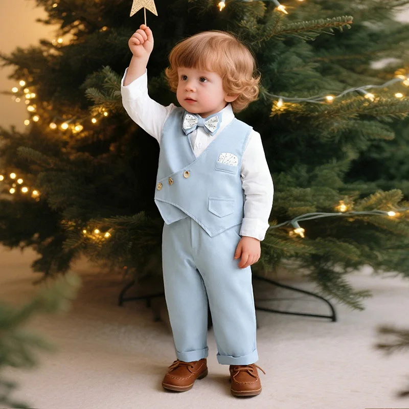 

2026 New Boys Gentleman Suit 3PCS Long Sleeve Shirt Pants Vest Formal Outfit Baby 1st Birthday Wedding Party Performance Dress