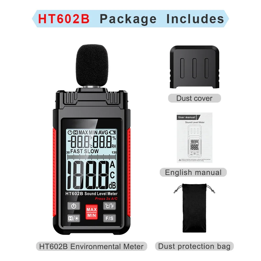 HT602B Portable Digital Noise Meter with Backlit LCD Screen for Sound Level Measurement 30 130dB and Environmental Testing