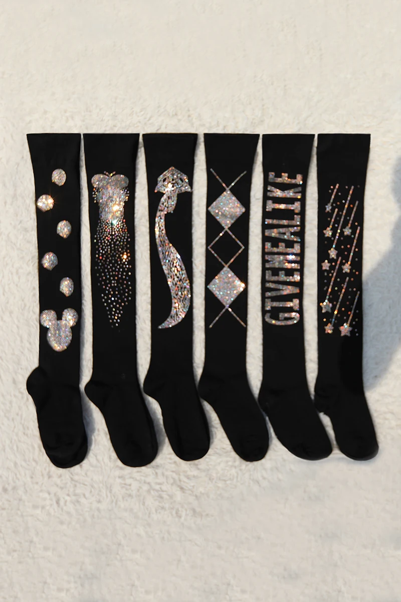 Female Stockings New Spring Autumn Over Knee Warmth Korea Cute Blingbling Colored Diamond High Tube Stocking Cotton JK Socks