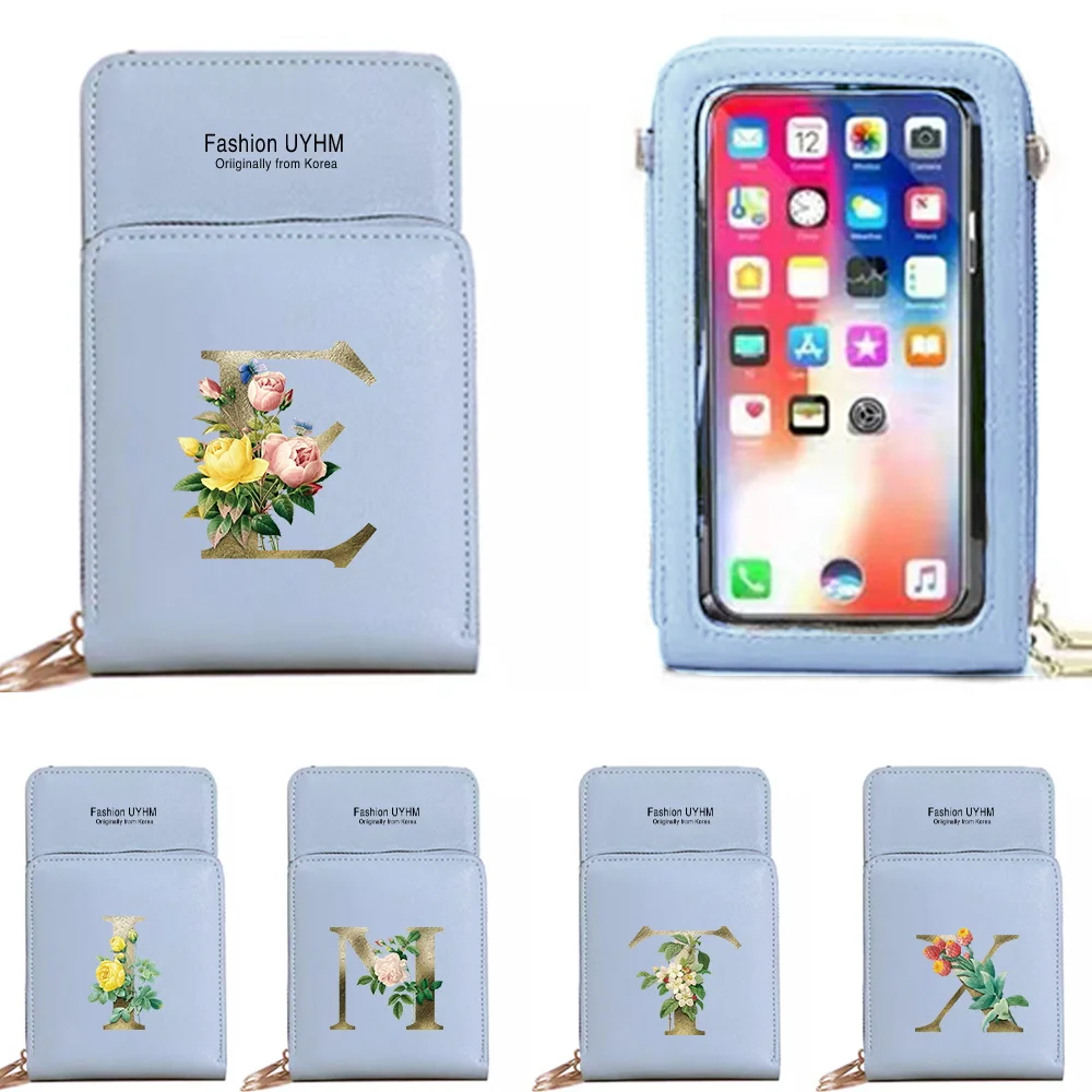 Mobile Phone Bags Women Pu Leather Wallets Card Pack Crossbody Shoulder Bag Golden Flower Print Touch Screen Cell Phone Purse