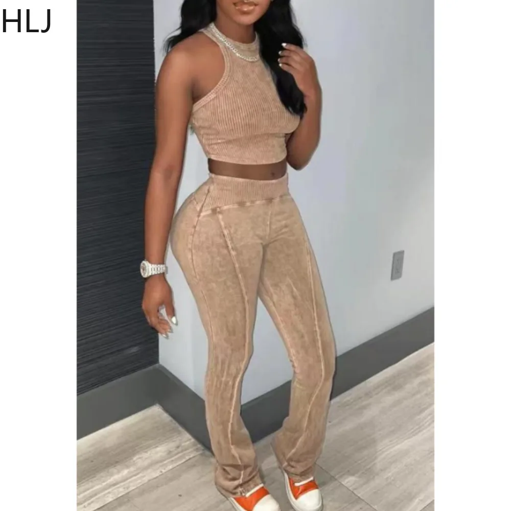 HLJ Ribbing Women Tracksuit Round Neck Solid Color Sleeveless Tank Top and Leggings Fitness Two Pieces Pants Set Street Outfits