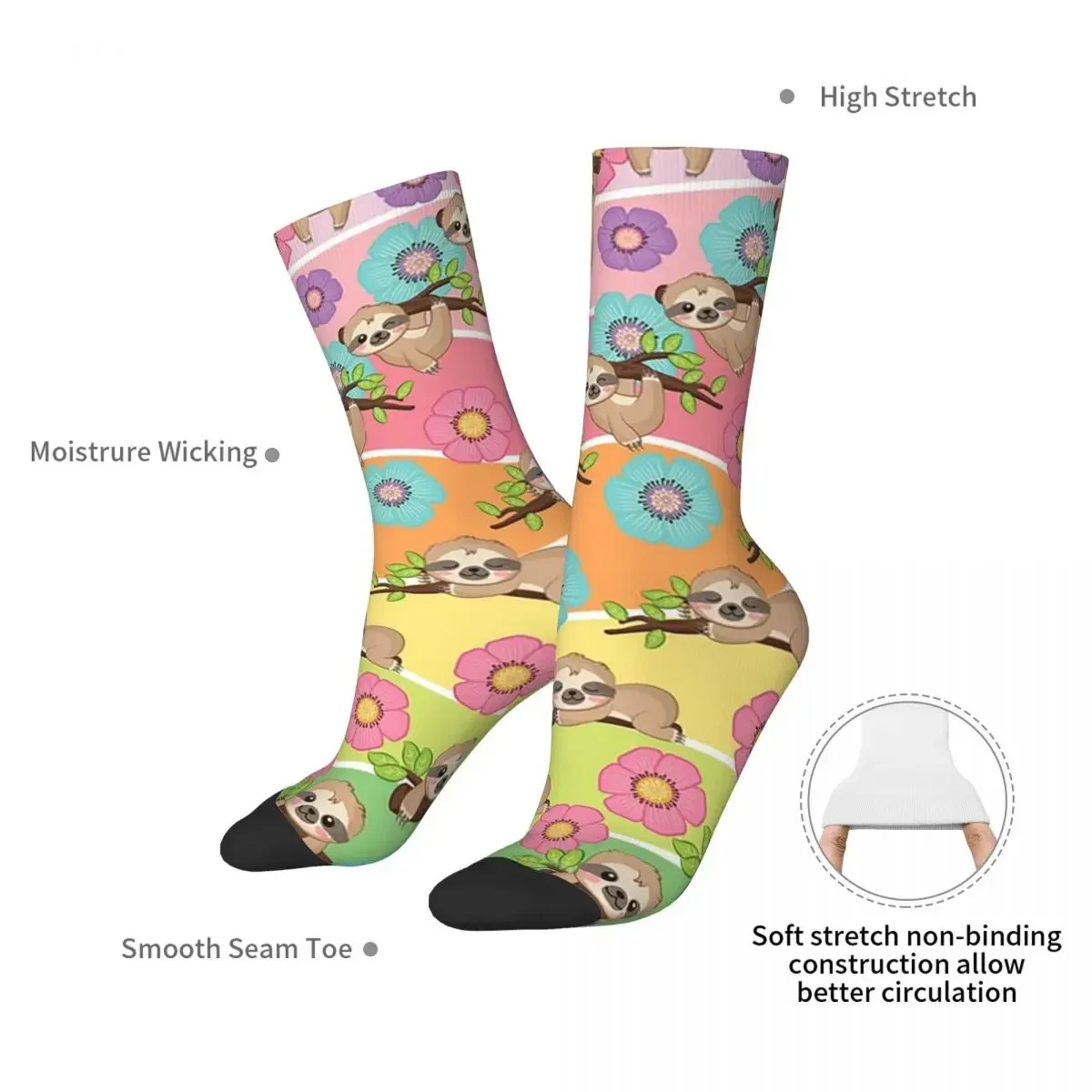 Sloth And Flower Socks Harajuku Sweat Absorbing Stockings All Season Long Socks Accessories for Unisex Gifts