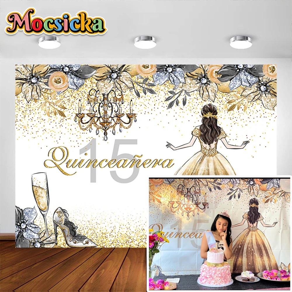 

Happy 15th Birthday Photo Background For Girls Pink Flower Rose Gold Glitter Butterfly Princess Portrait Decoration Banner