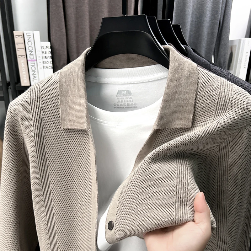 

Мужской вязаный кардиган высокого качества на осень-зиму, однобортный кожаный свитер с лацканами и длинными рукавами, пальто для отдыха